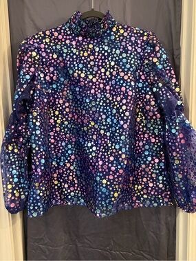 Ashley Stewart Navy Multi-Color Polka Dot Ruffle Neck Blouse